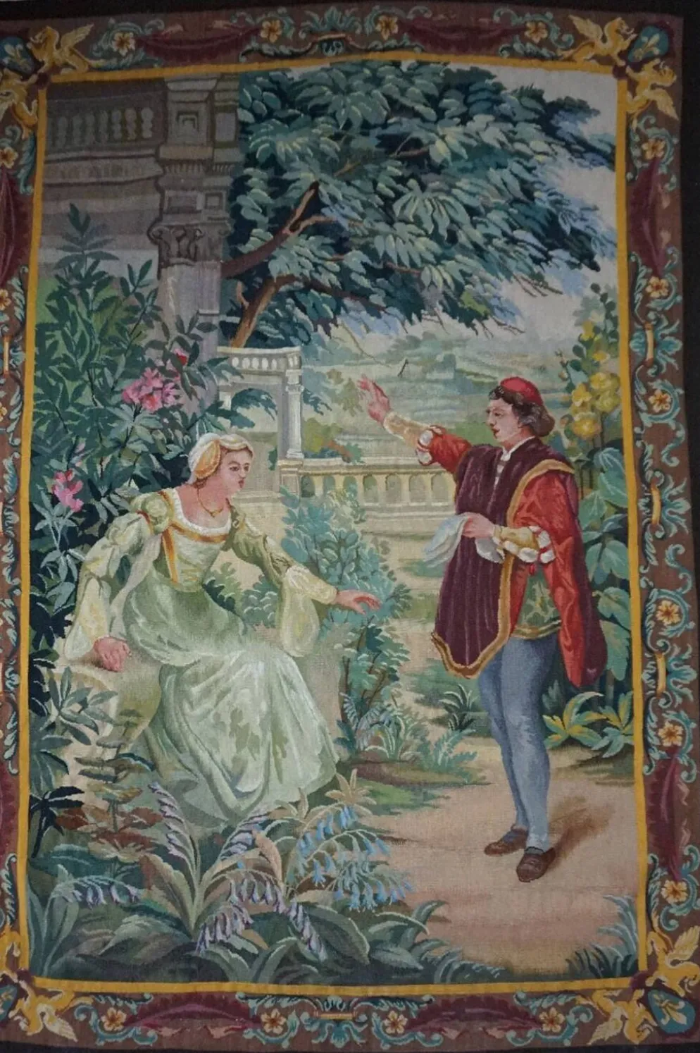 Tapisserie Aubusson française antique avec scène romantique