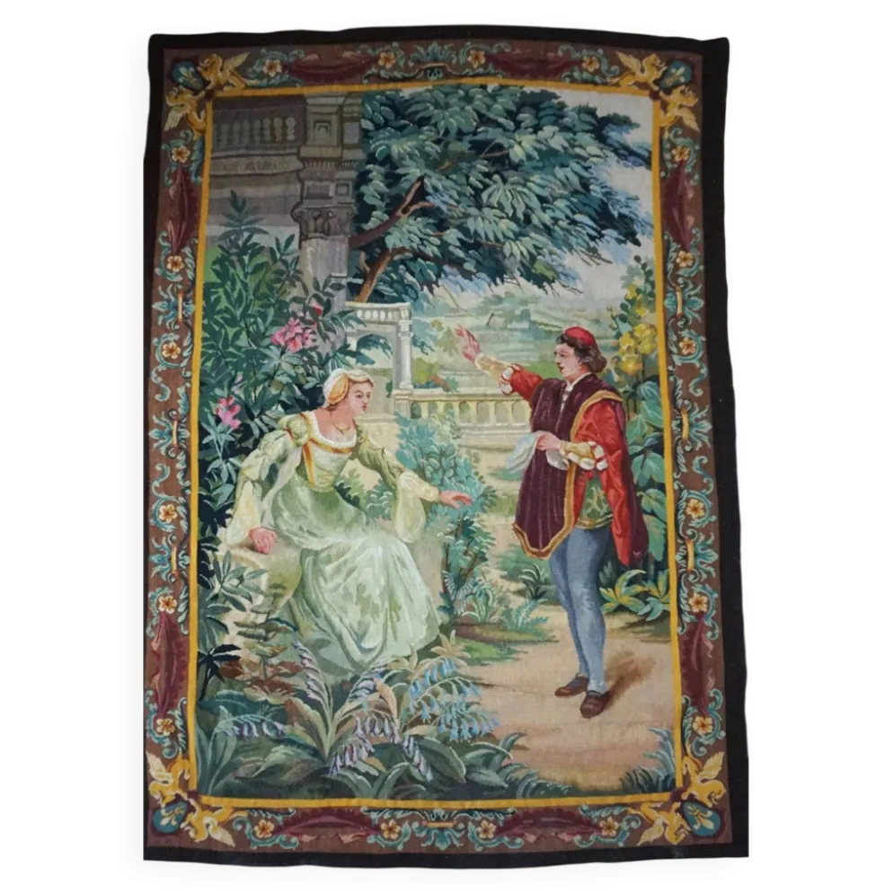 Tapisserie Aubusson française antique avec scène romantique