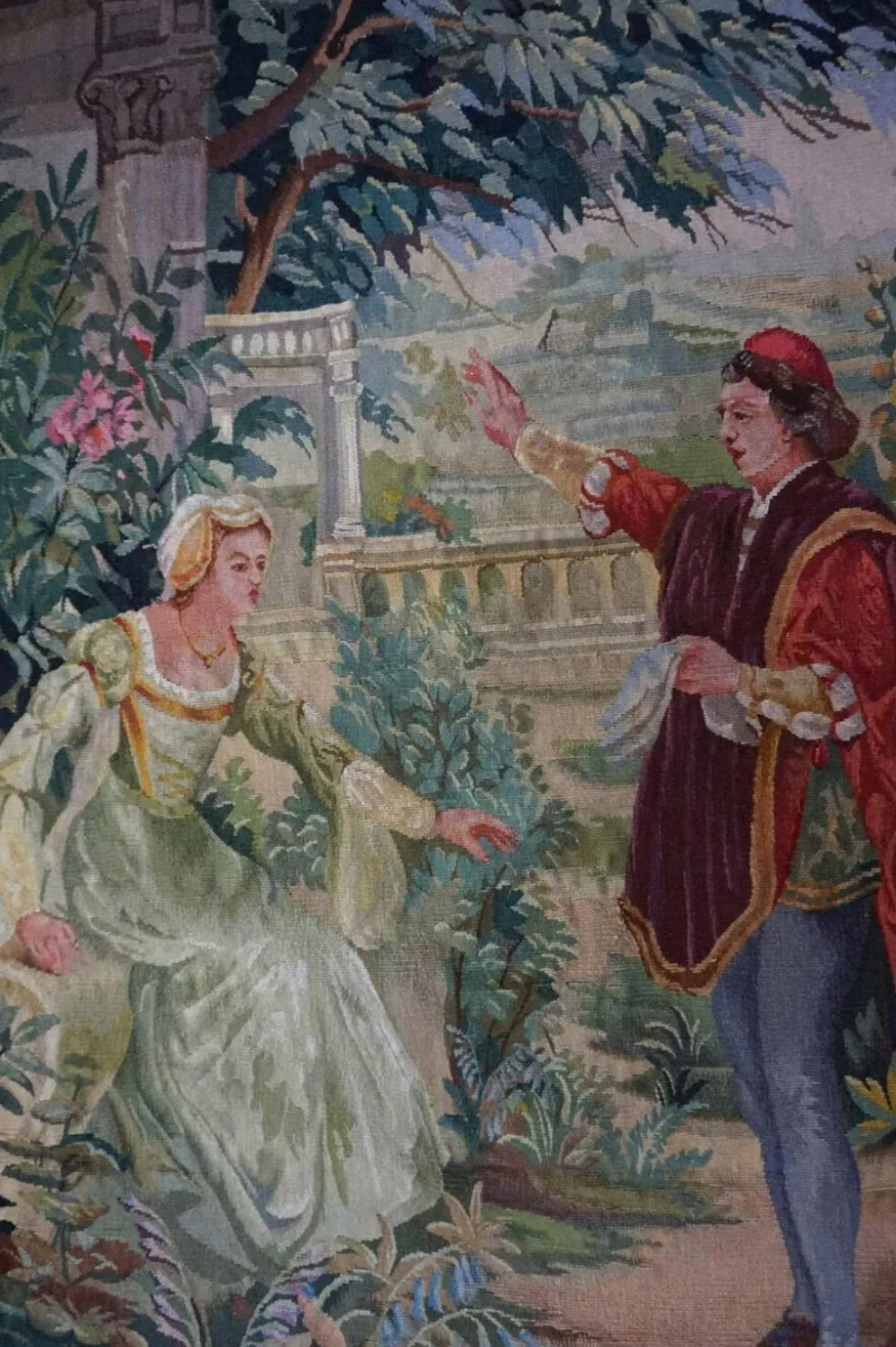 Tapisserie Aubusson française antique avec scène romantique