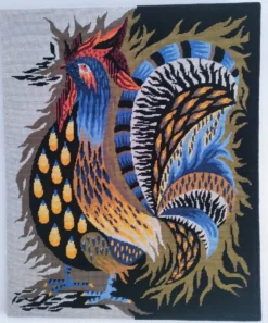 tapisserie au coq "aurore" années 70 fait main