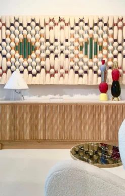 Tapisserie d'art contemporain en ivoire et coton multicolore, nord-américain