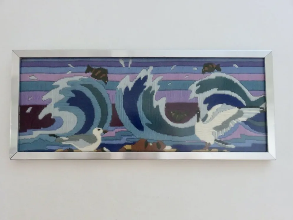 Tapisserie futuriste, en laine, encadrée, mouettes, océan, poissons, 1970