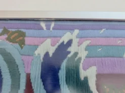 Tapisserie futuriste, en laine, encadrée, mouettes, océan, poissons, 1970