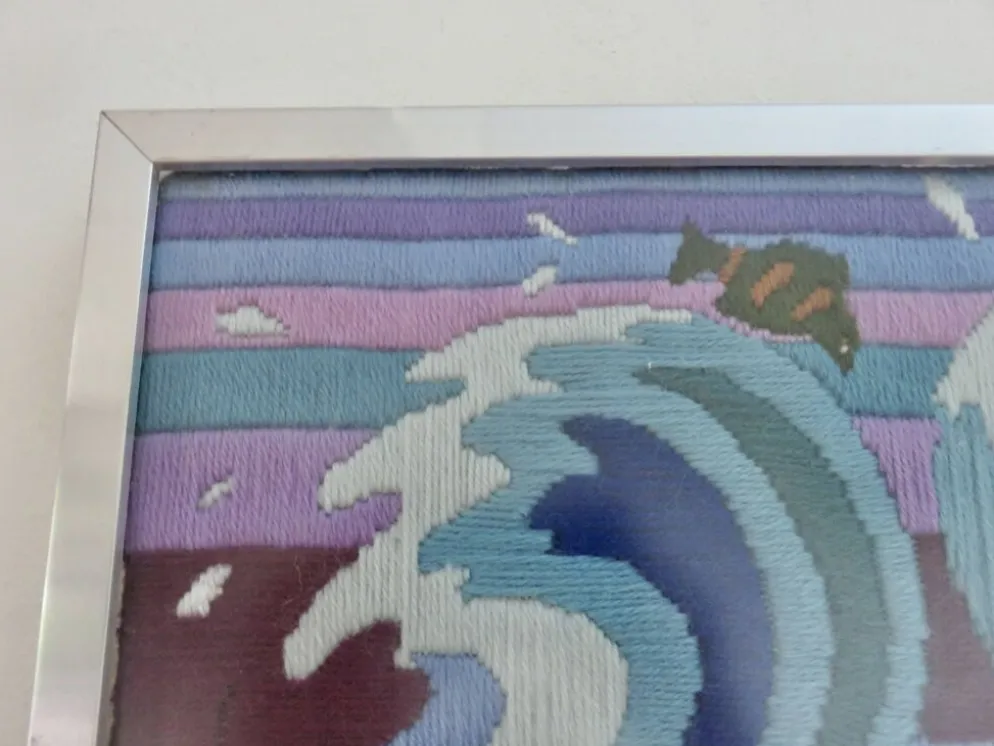 Tapisserie futuriste, en laine, encadrée, mouettes, océan, poissons, 1970