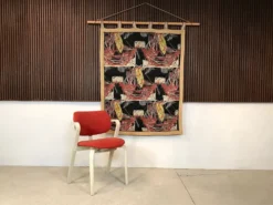 Tapisserie murale avec motif de voiliers sur tige en bambou, Italie années 1940.