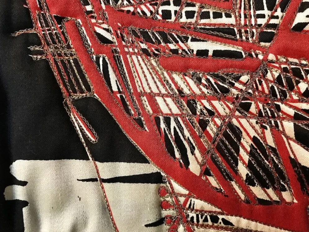 Tapisserie murale avec motif de voiliers sur tige en bambou, Italie années 1940.