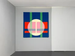 Tapisserie murale Bauhaus par Herbert Bayer pour NGM, Allemagne, 1988. Titre de l'œuvre : "Cercle blanc sur structure".