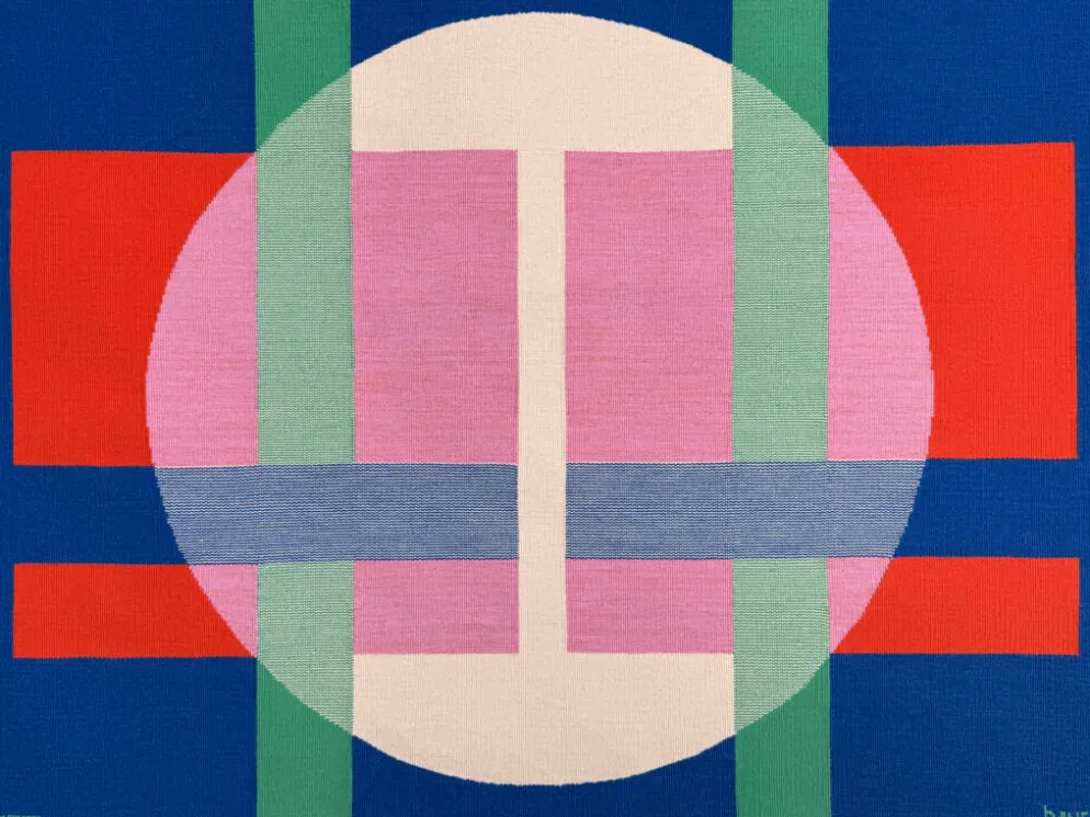 Tapisserie murale Bauhaus par Herbert Bayer pour NGM, Allemagne, 1988. Titre de l'œuvre : "Cercle blanc sur structure".