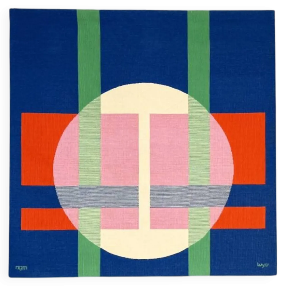 Tapisserie murale Bauhaus par Herbert Bayer pour NGM, Allemagne, 1988. Titre de l'œuvre : "Cercle blanc sur structure".