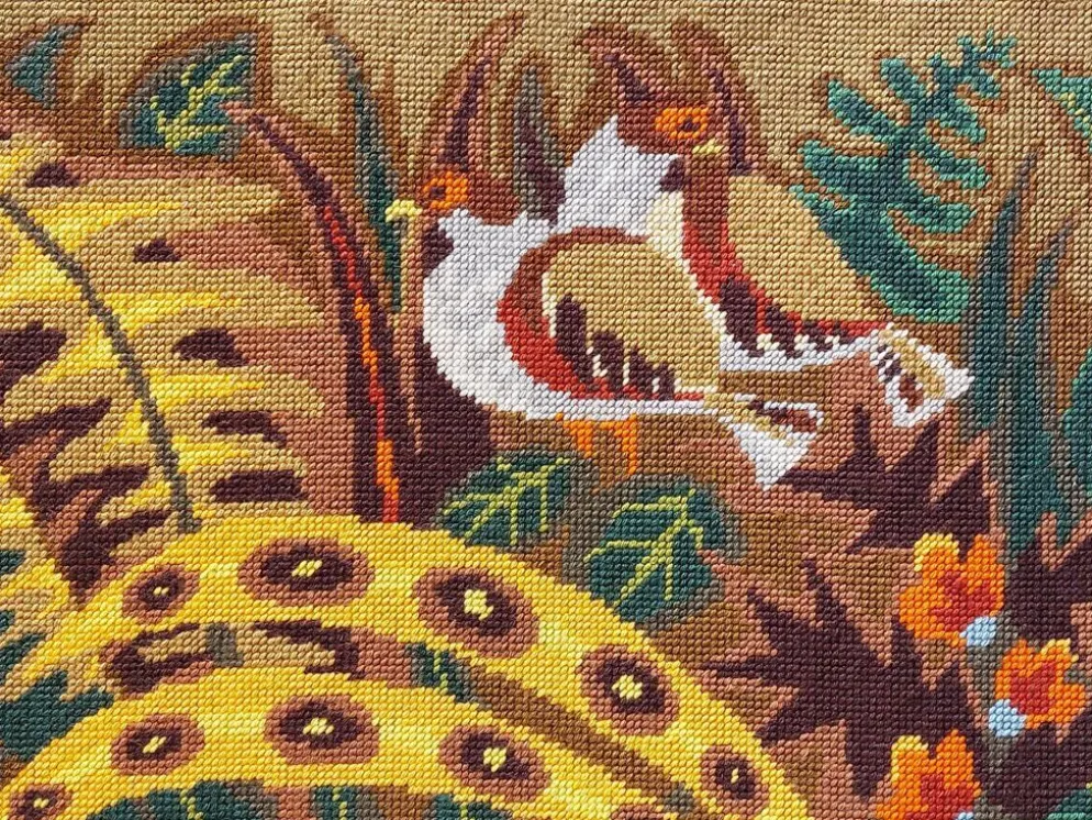 Tapisserie murale - Canevas encadré vintage années 70 - Paon en forêt