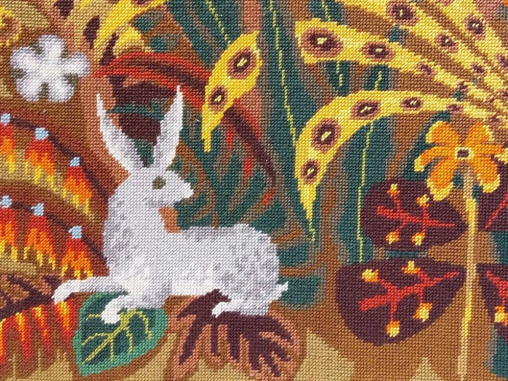 Tapisserie murale - Canevas encadré vintage années 70 - Paon en forêt