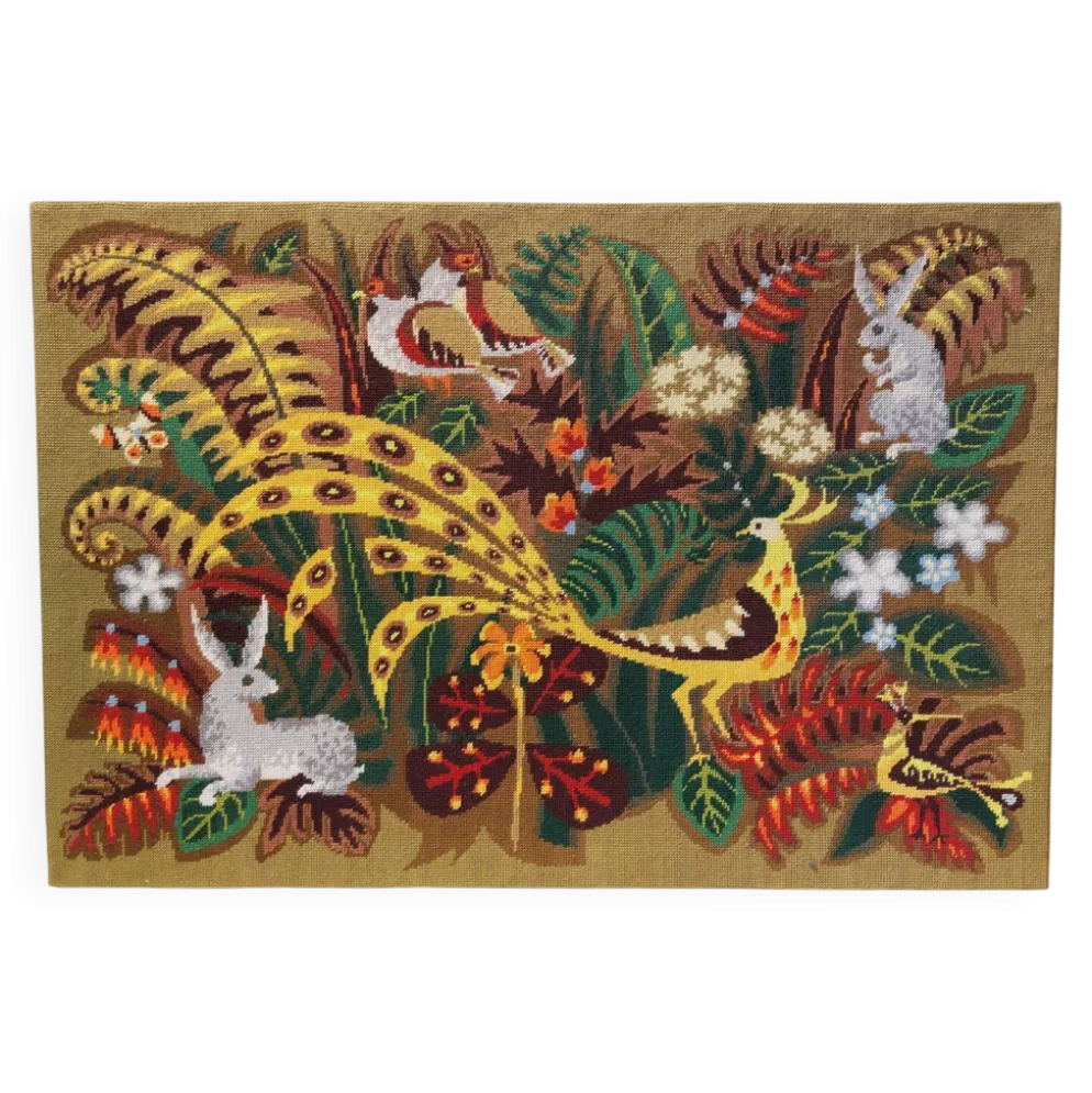 Tapisserie murale - Canevas encadré vintage années 70 - Paon en forêt