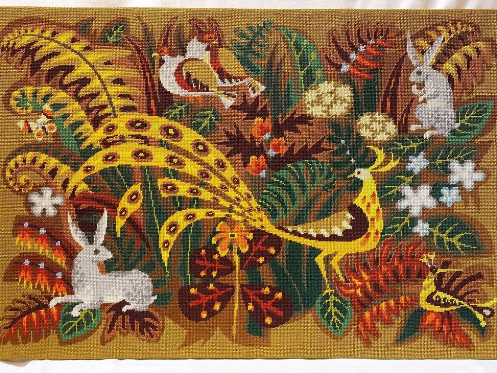 Tapisserie murale - Canevas encadré vintage années 70 - Paon en forêt