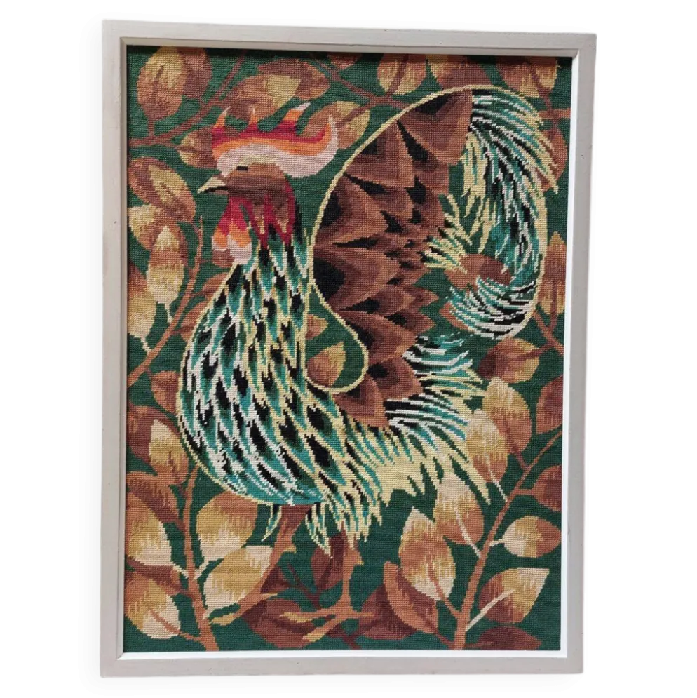 Tapisserie murale - Canevas encadré vintage années 70 - Coq au long plumage
