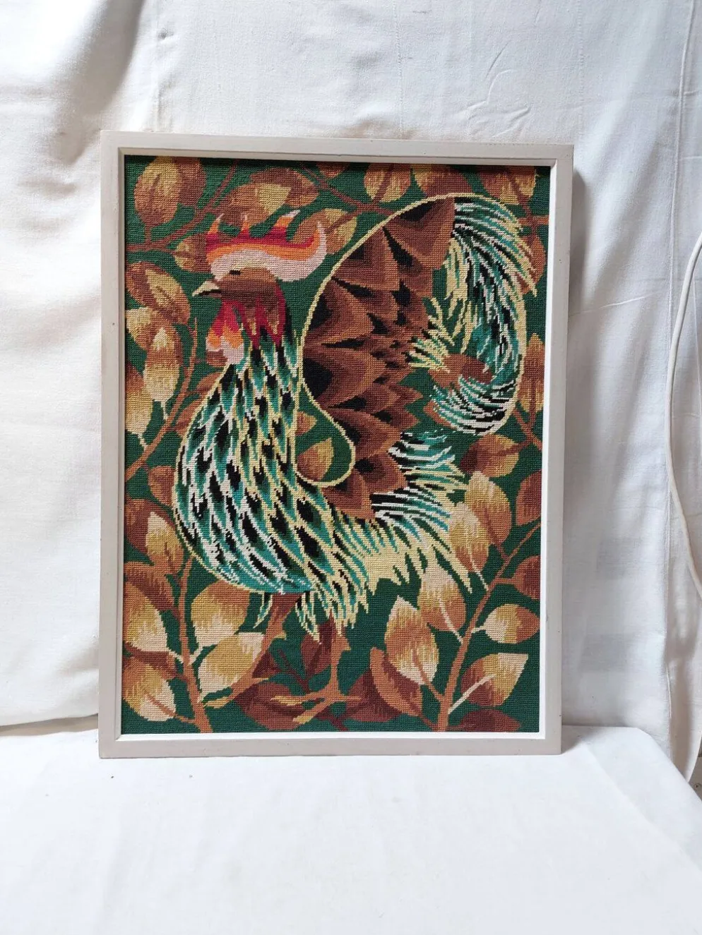 Tapisserie murale - Canevas encadré vintage années 70 - Coq au long plumage