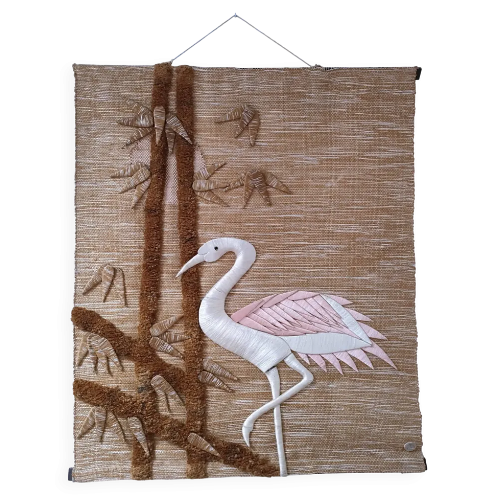 Tapisserie oiseau et feuillages estampillé années 70