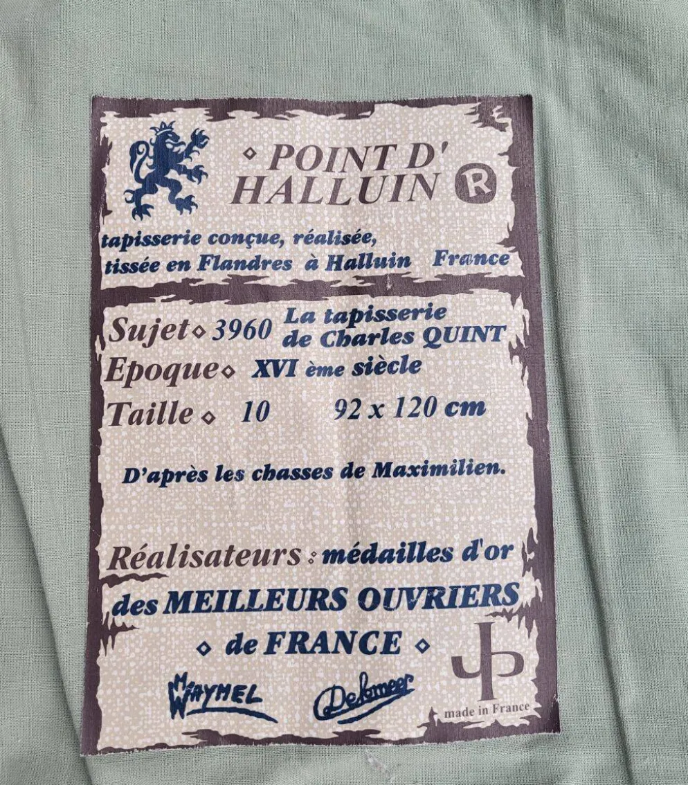 Tapisserie vintage de style Aubusson fabriquée en France avec étiquette