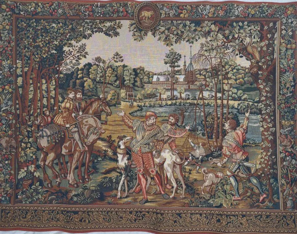 Tapisserie vintage de style Aubusson fabriquée en France avec étiquette