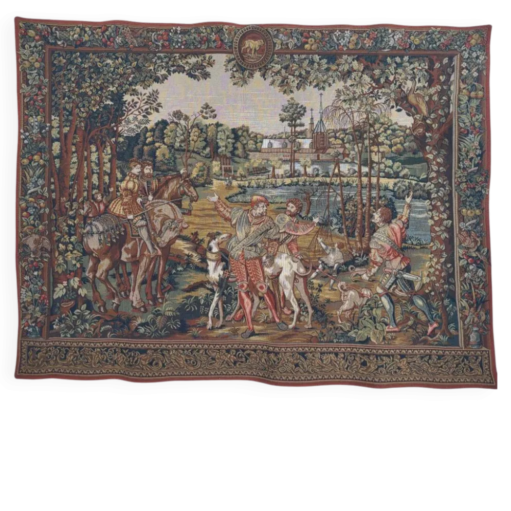 Tapisserie vintage de style Aubusson fabriquée en France avec étiquette