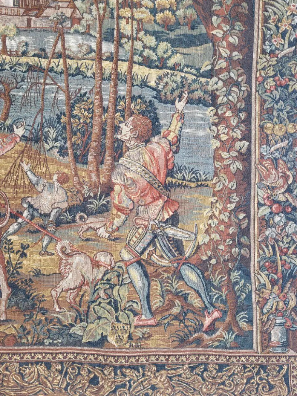 Tapisserie vintage de style Aubusson fabriquée en France avec étiquette