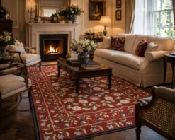 Tapis traditionnel bordeaux style Aubusson floral en laine tissé à la main en point de croix