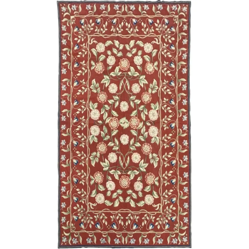 Tapis traditionnel bordeaux style Aubusson floral en laine tissé à la main en point de croix