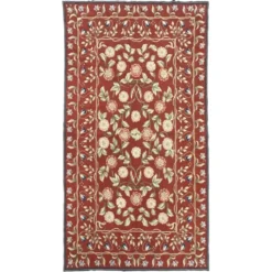 Tapis traditionnel bordeaux style Aubusson floral en laine tissé à la main en point de croix