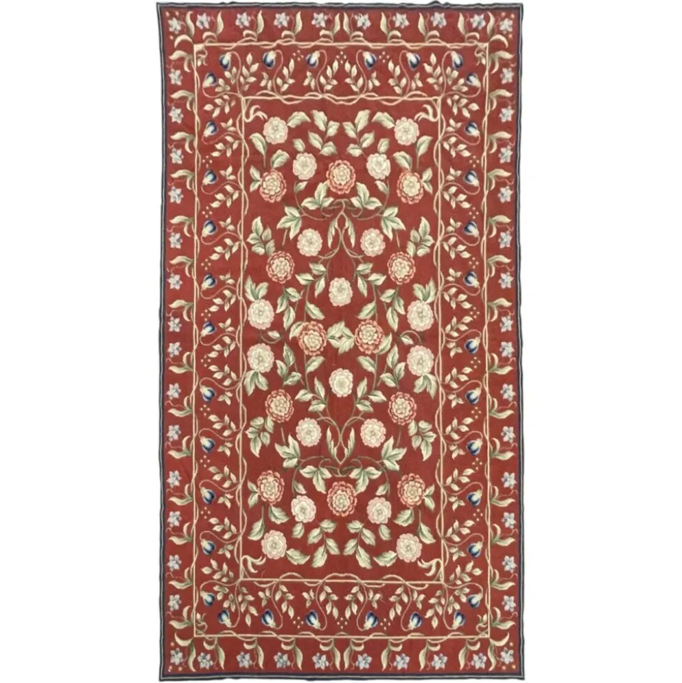 Tapis traditionnel bordeaux style Aubusson floral en laine tissé à la main en point de croix