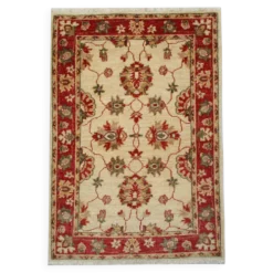 Tapis traditionnel en laine crème, petit tapis oriental à motifs floraux rouges 86 x 123 cm