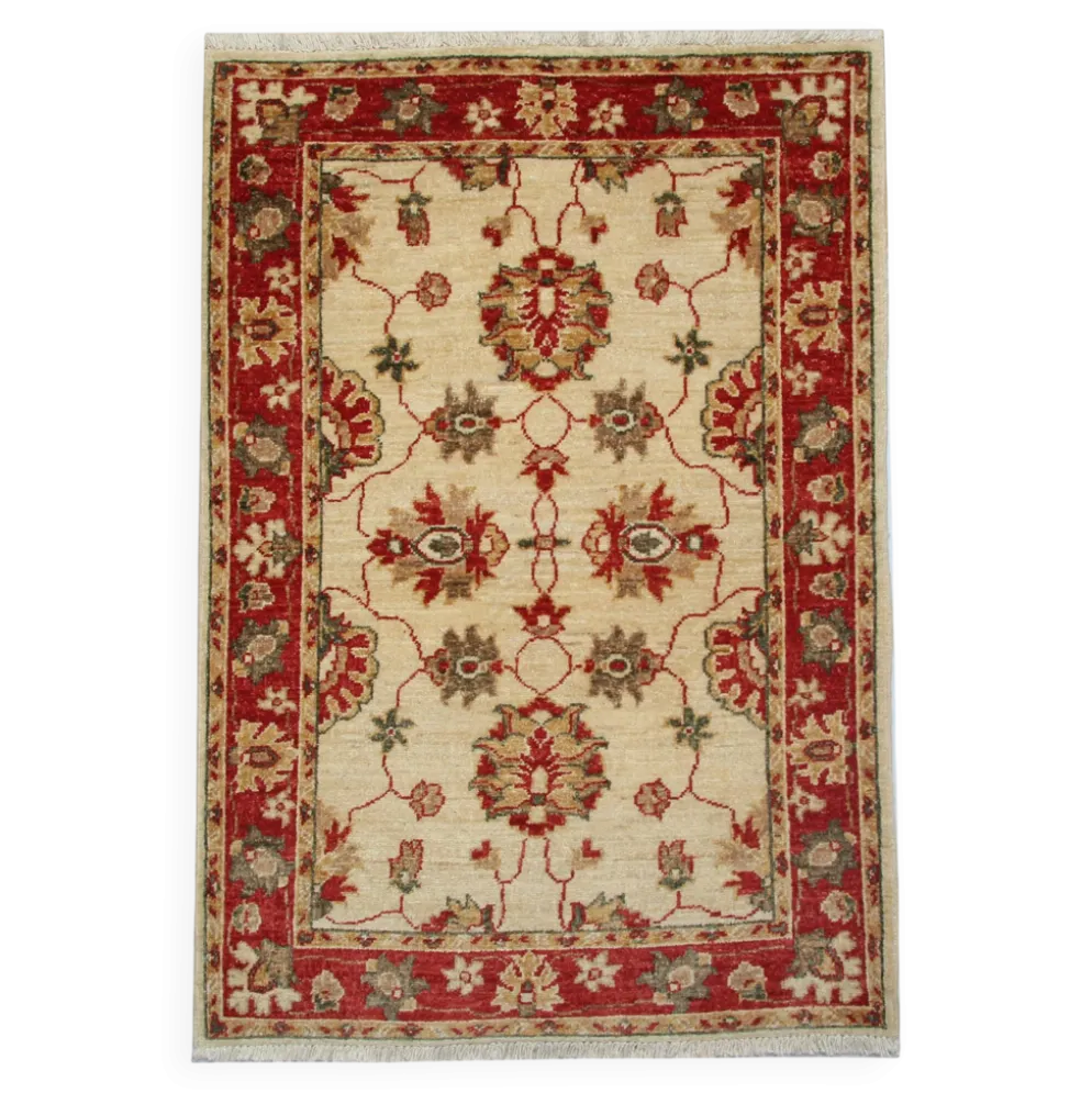 Tapis traditionnel en laine crème, petit tapis oriental à motifs floraux rouges 86 x 123 cm