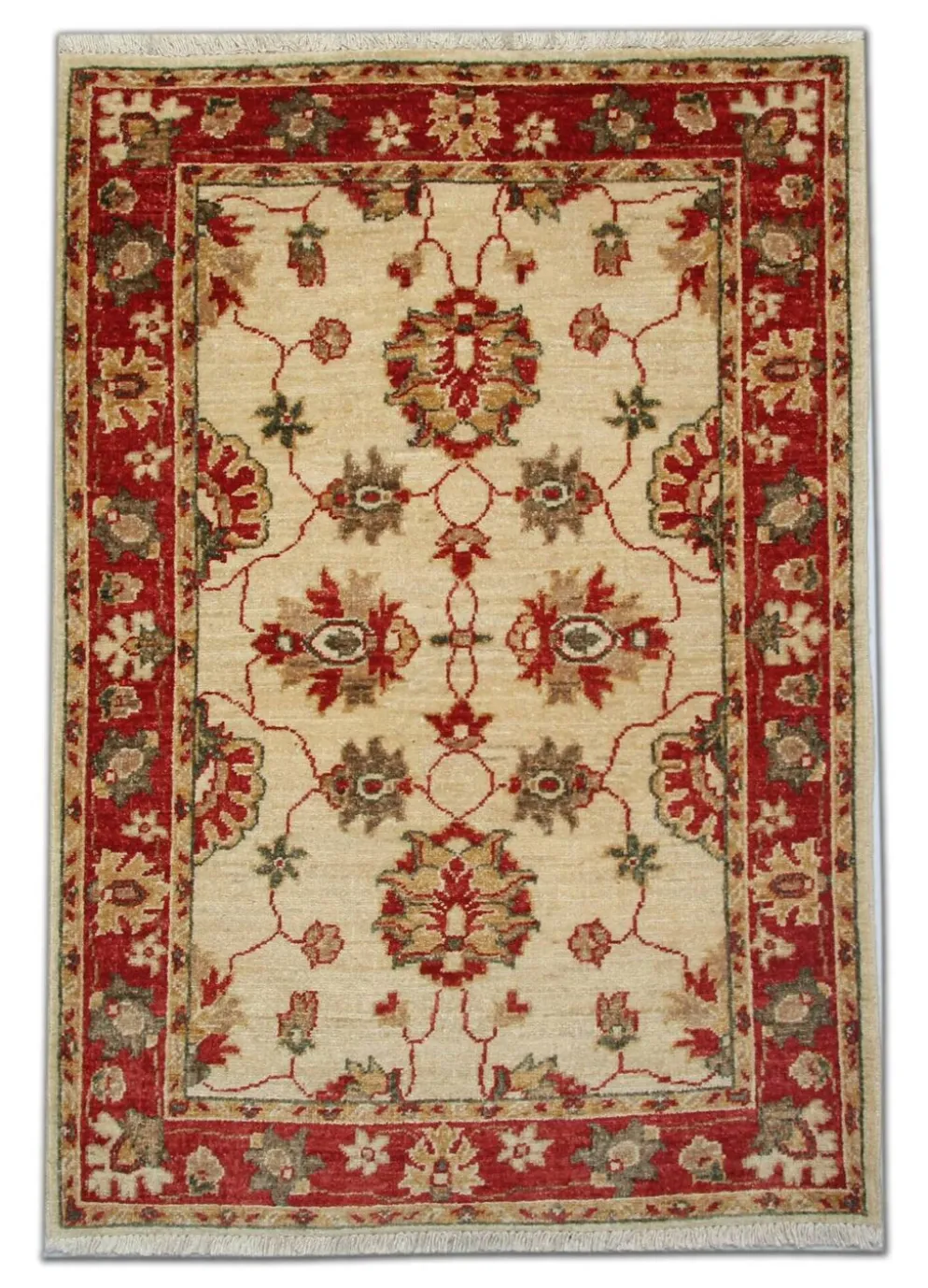 Tapis traditionnel en laine crème, petit tapis oriental à motifs floraux rouges 86 x 123 cm