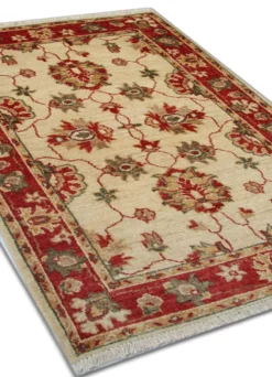 Tapis traditionnel en laine crème, petit tapis oriental à motifs floraux rouges 86 x 123 cm