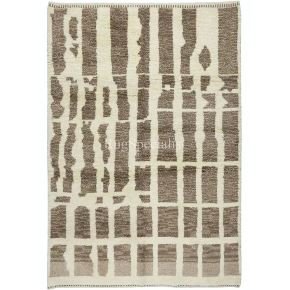 Tapis Tulu contemporain fait à la main en laine naturelle marron et beige.