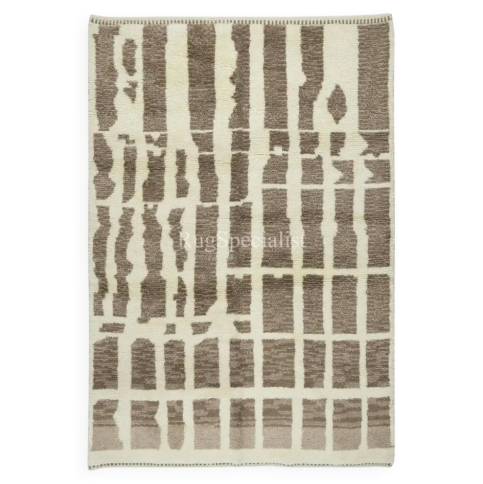 Tapis Tulu contemporain fait à la main en laine naturelle marron et beige.