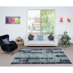 Tapis Tulu contemporain noué à la main en tons de bleu, 100 % laine, options personnalisées disponibles
