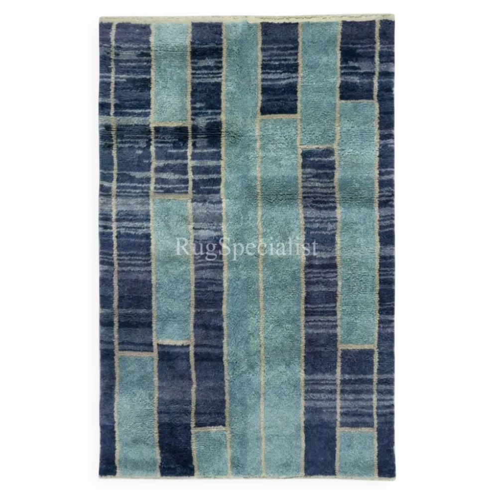 Tapis Tulu contemporain noué à la main en tons de bleu, 100 % laine, options personnalisées disponibles