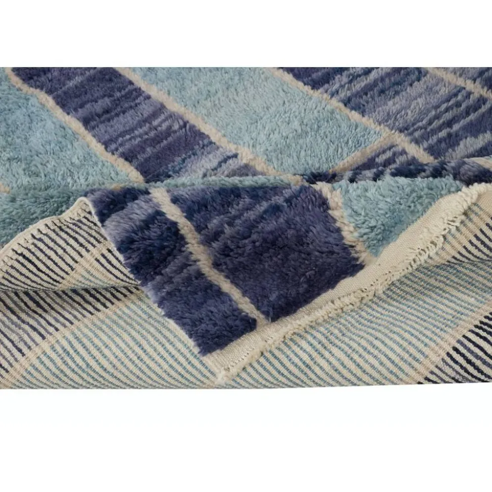 Tapis Tulu contemporain noué à la main en tons de bleu, 100 % laine, options personnalisées disponibles