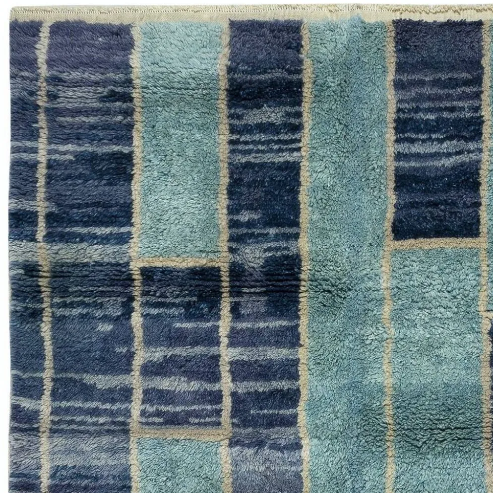 Tapis Tulu contemporain noué à la main en tons de bleu, 100 % laine, options personnalisées disponibles