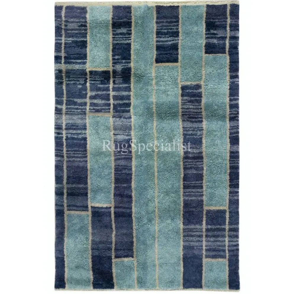 Tapis Tulu contemporain noué à la main en tons de bleu, 100 % laine, options personnalisées disponibles