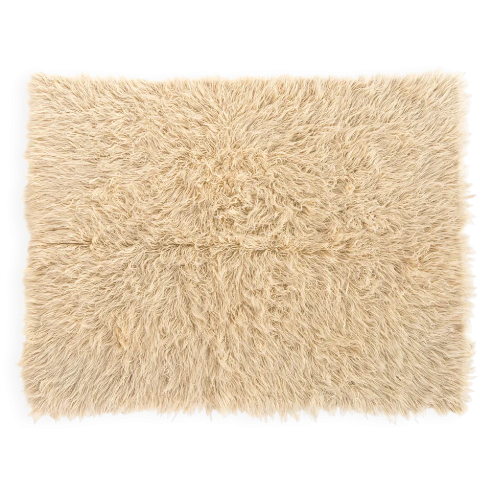 Tapis Tulu Turc Vintage en Laine Beige Poils Longs 200 x 162 cm