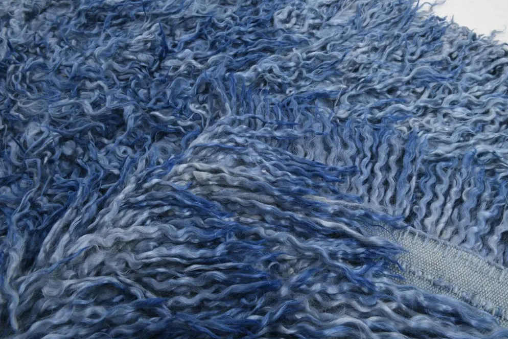 Tapis Tulu Vintage Bleu, Laine à Poils Longs, Style Shaggy, 115x301 Cm