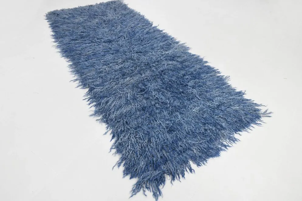 Tapis Tulu Vintage Bleu, Laine à Poils Longs, Style Shaggy, 115x301 Cm
