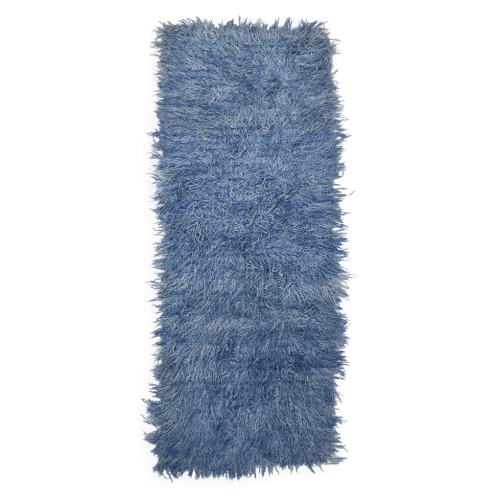 Tapis Tulu Vintage Bleu, Laine à Poils Longs, Style Shaggy, 115x301 Cm