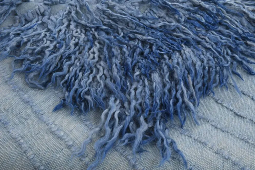 Tapis Tulu Vintage Bleu, Laine à Poils Longs, Style Shaggy, 115x301 Cm