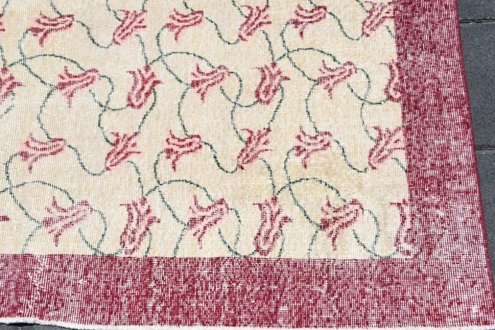Tapis turc floral bordé de beige et bordeaux, tapis en laine neutre, 194x290 cm