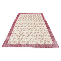 Tapis turc floral bordé de beige et bordeaux, tapis en laine neutre, 194x290 cm