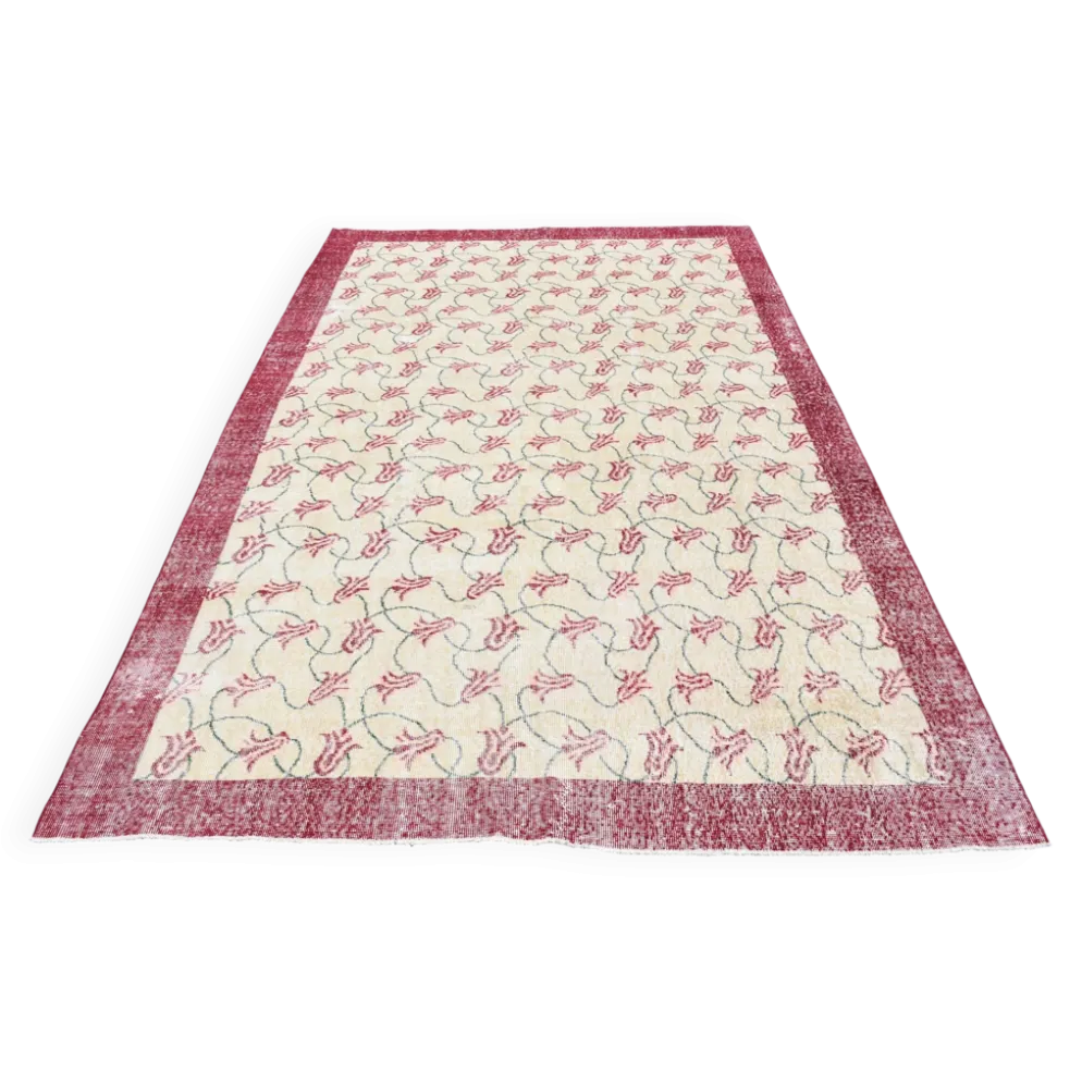 Tapis turc floral bordé de beige et bordeaux, tapis en laine neutre, 194x290 cm