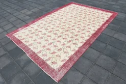 Tapis turc floral bordé de beige et bordeaux, tapis en laine neutre, 194x290 cm
