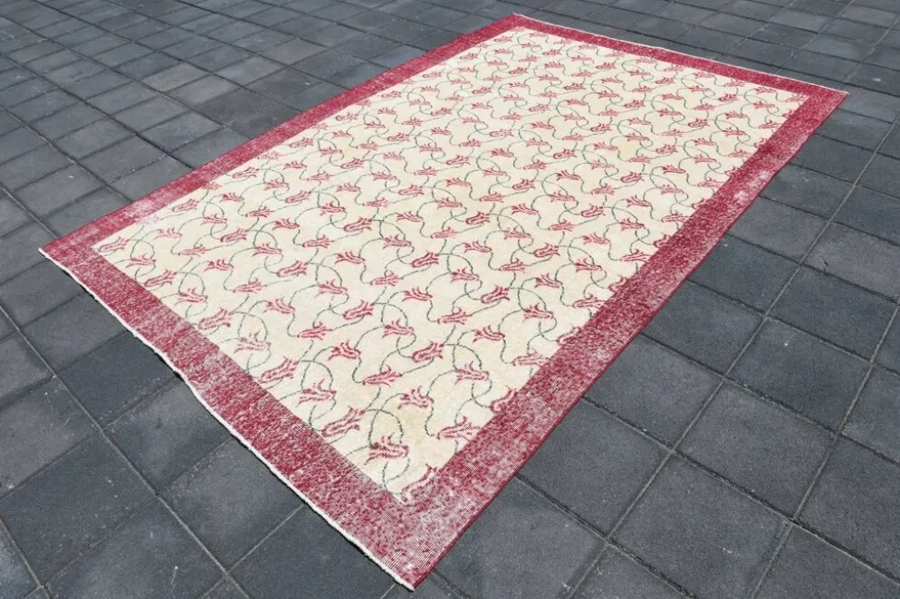 Tapis turc floral bordé de beige et bordeaux, tapis en laine neutre, 194x290 cm
