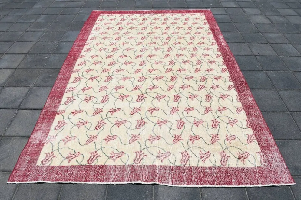 Tapis turc floral bordé de beige et bordeaux, tapis en laine neutre, 194x290 cm